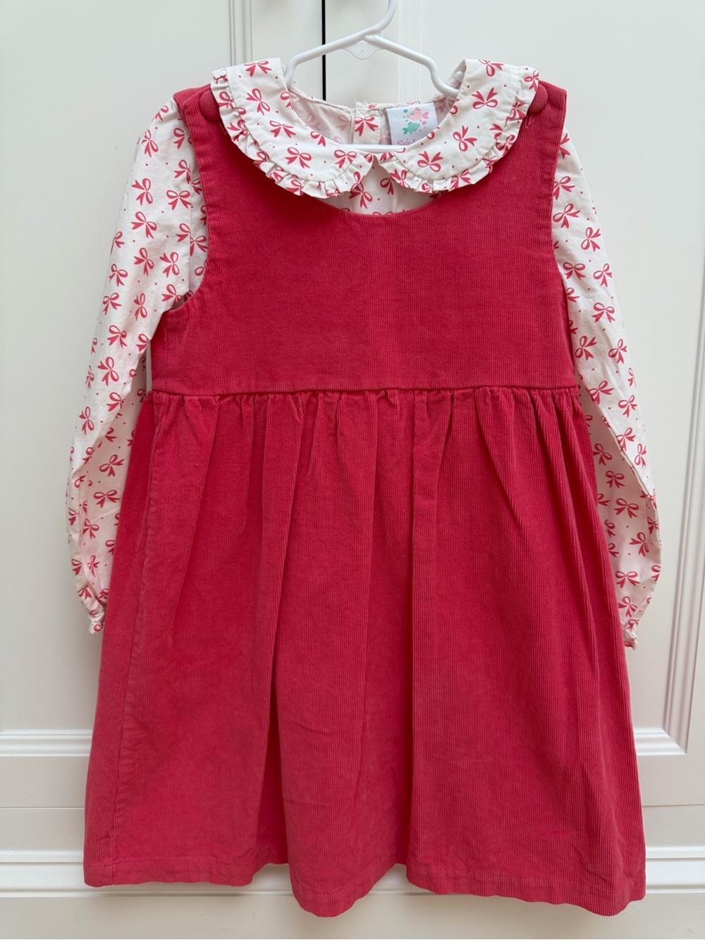Stitchy Fish Girls 8 Coral Corduroy Jumper & Bow Blouse 2 Piece Set NWOT